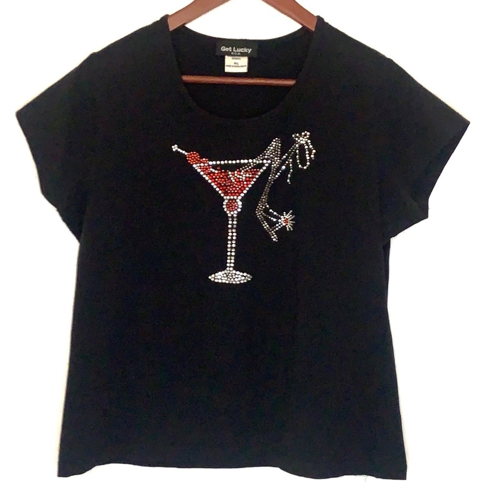 Rhinestone Martini & Shoe Black Tee Shirt XL
